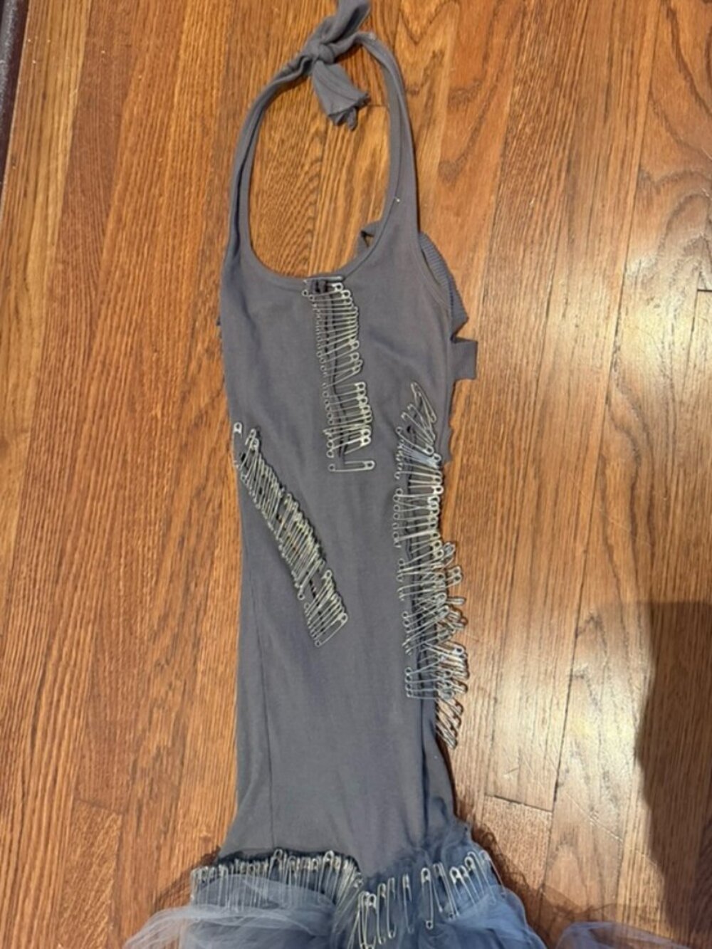 hand-distressed grey amazing dress with saftey pins from photo shoot